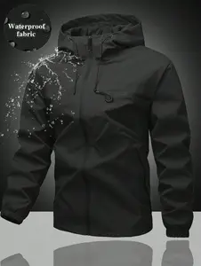 Men's zipper drawstring hooded jacket regular fit casual long sleeve pocket coat suitable for sports leisure running 100% polyester Solid Color Overcoat fall outfits