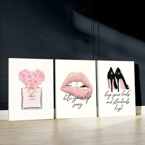 3pcs Elegant Chic Wall Art, Sensual Lips Poster, High Heels Art Prints, Glamorous Party Home Decor, Modern Wall Paintings, Modern Floral Paintings, Cozy Canvas Posters Wall Arts, Decor for Living Room, Restaurant, Kitchen, Bedroom, Gift, With Frame