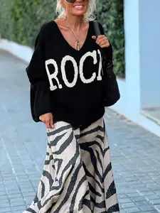 Plus Size Knit Dress with Peace Letter Print, Casual Long Sleeve V Neck Design for Women, Stylish Fashion for Curvy Figures, Style