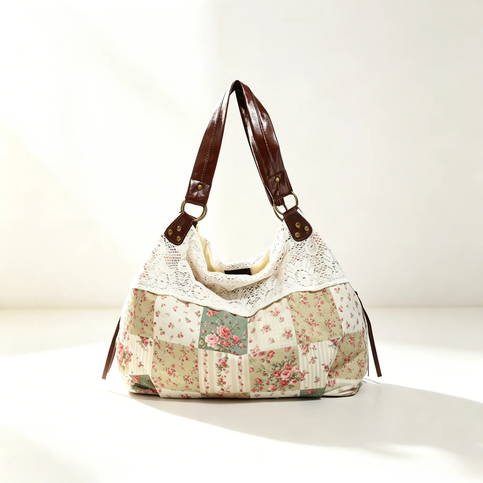 Vintage Cottagecore Floral Lace Patchwork Tote Bag - Large Capacity Sports & Outdoor Accessory with Shoulder Strap, Boho Plaid Casual Shoulder Handbag for Everyday Use, Beach Travel, Accessories, Bags For Everyday, Floral Shoulder Bags