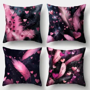 4pcs, Valentine's Day Throw Pillow Covers, Pink Feather & Heart Print Pattern, Valentine's Day decoration, Cushion Cover Decoration for Couch Sofa, Room Decor and Bedroom Decor, Single Sided Printing, No Pillow Core