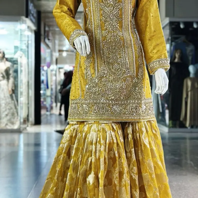 Mustard Soft Organza Embroidered Gharara Set – 3 Piece | Size M