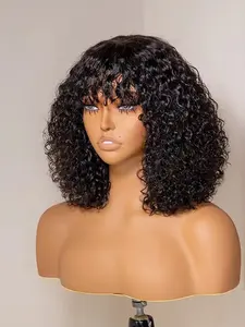 high density machine made Water curly fringe human hair wigs with bang