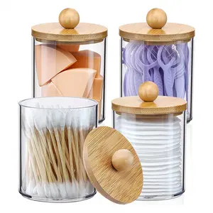 Qtip Holder, Bathroom Organizer Accessories Storage Containers Clear Plastic Jars with Bamboo Lids for Cotton Ball,Floss