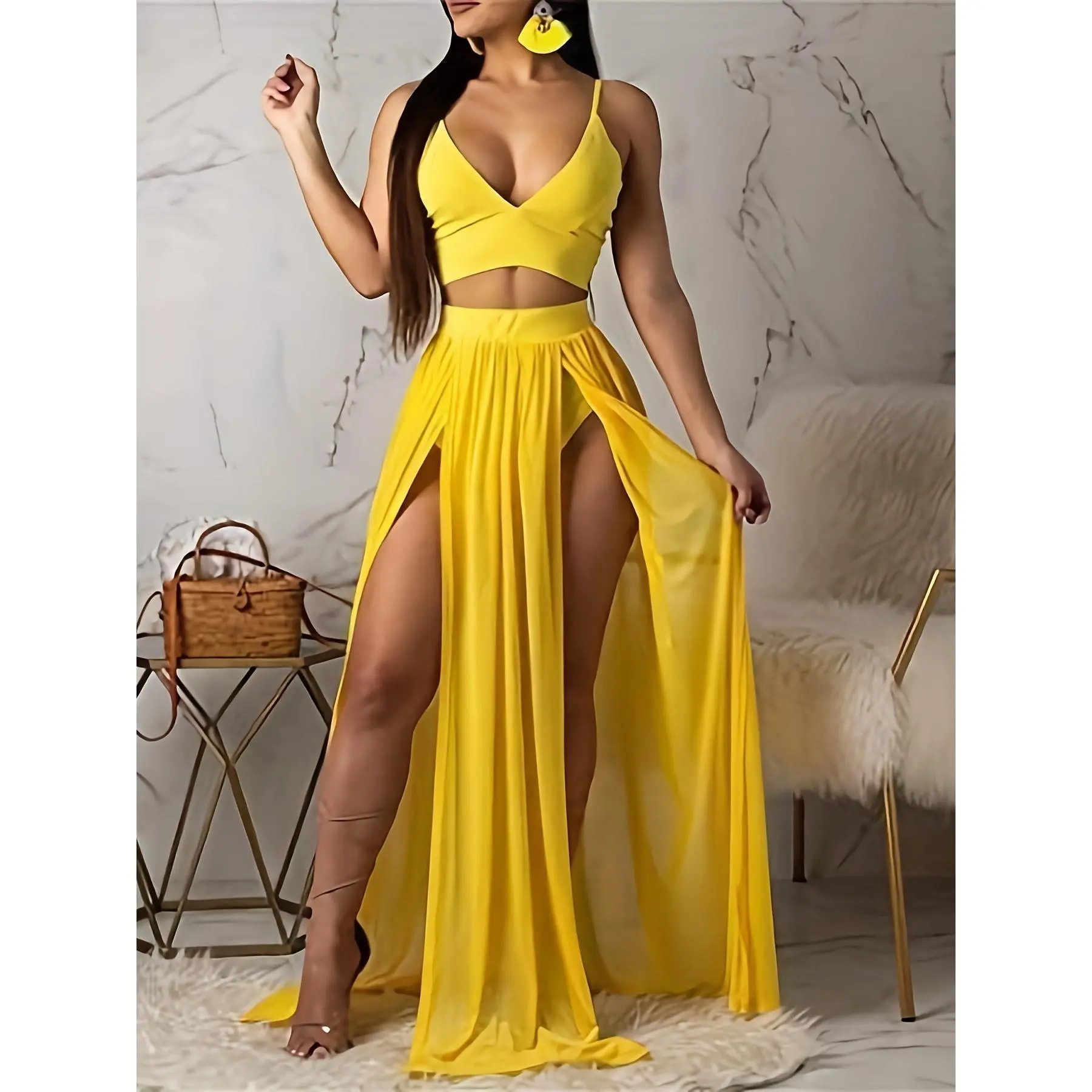 Women's Sleeveless Basic 2-Piece Polyester Chiffon Outfits - Off Shoulder Strap Deep V-Neck Bra Crop Top & High Split Maxi Skirt Set, Hand Wash Sports Dress for Party, Night Out Gift for Her, Two-Pieces