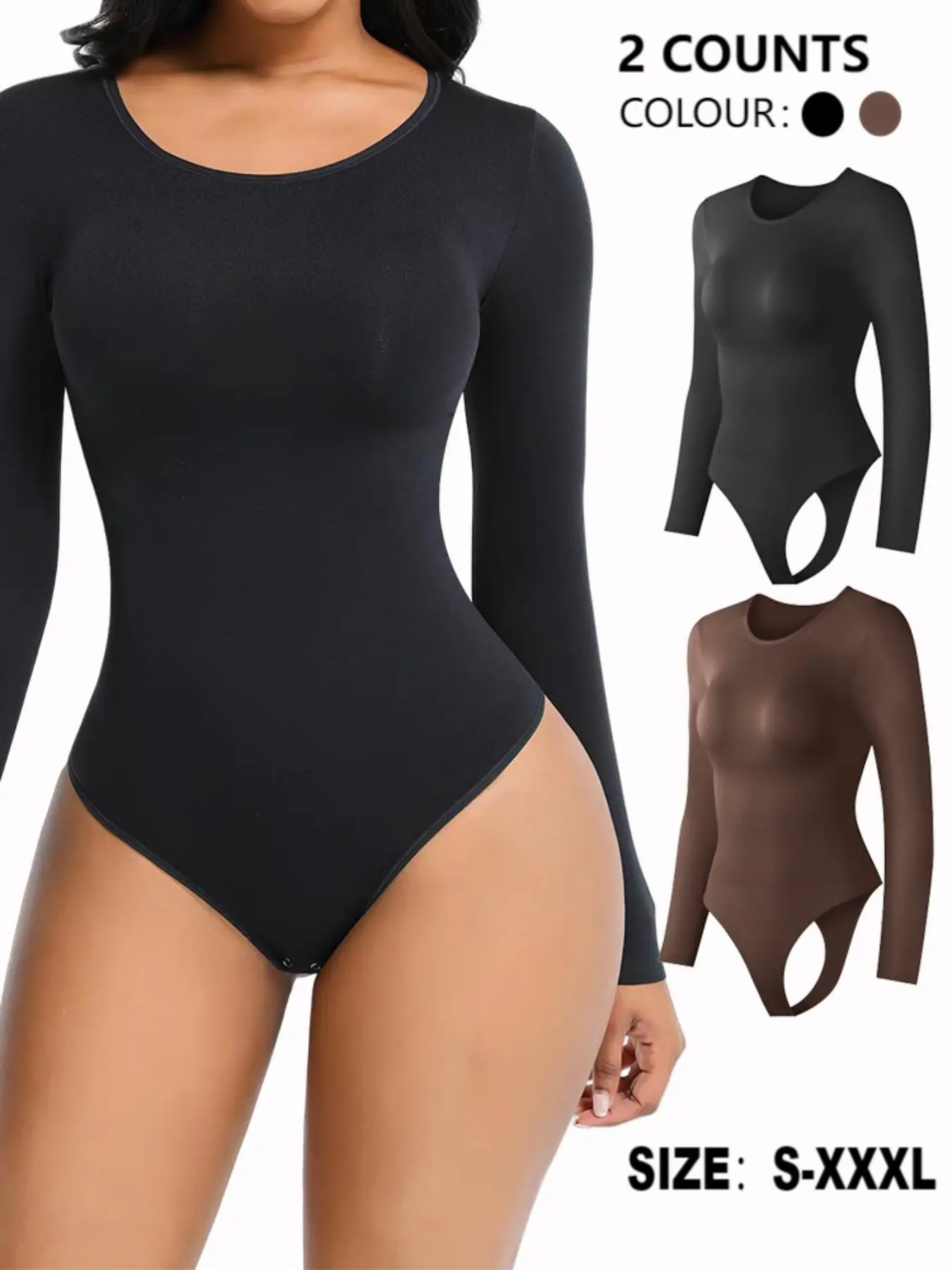 Women's Solid Round Neck Long Sleeve High Stretch Shapewear Bodysuit, Body Sculpting Compression, Compression Body Shaping, Casual Comfy Tummy Control Bodysuit, Everyday Wear Shapewear, for Daily Wear, Women's Shapewear for All Seasons