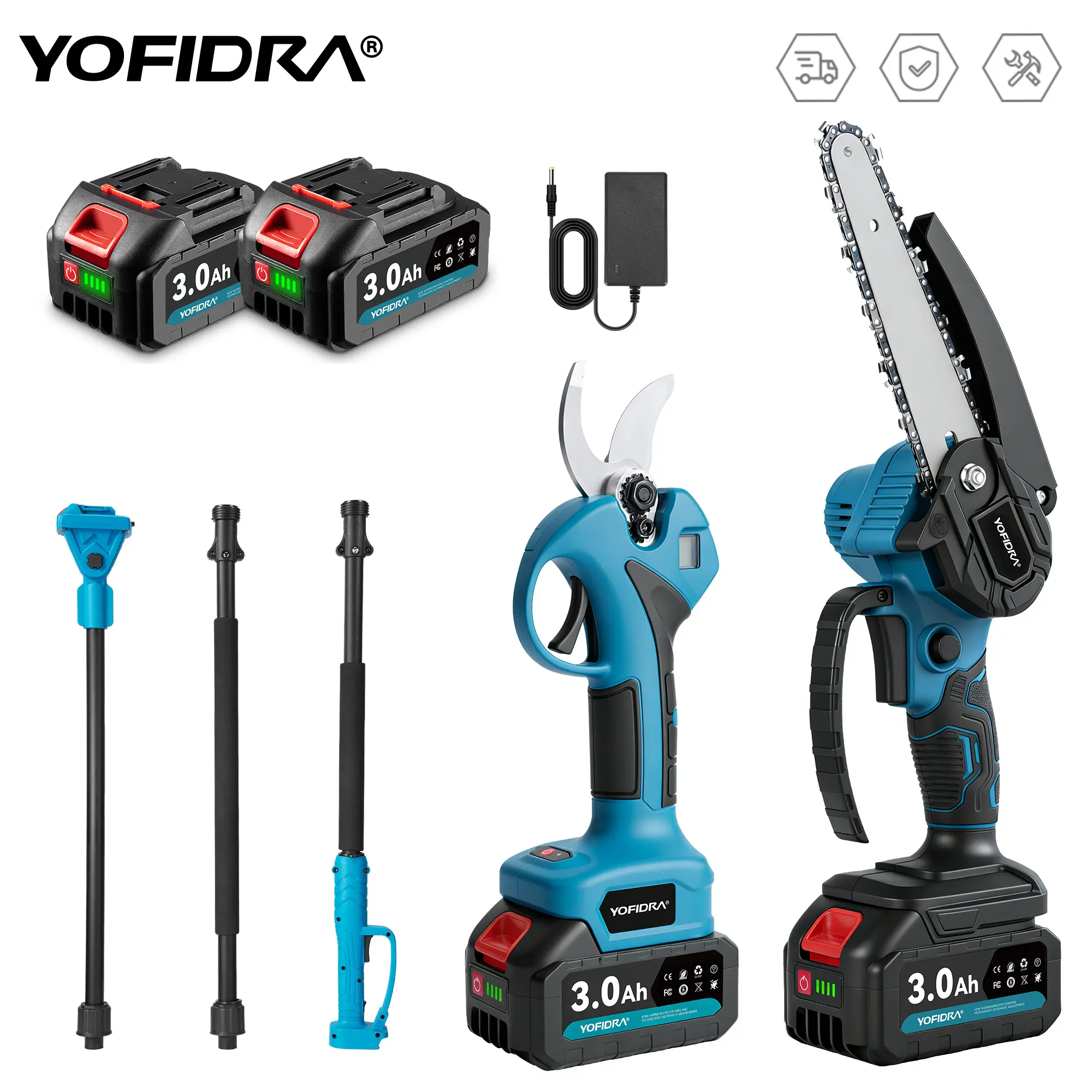 Yofidra 4-in-1 Cordless Portable Handheld Power Chain Saw Pole Pruner - 20V Voltage Brushless Outdoor Tool, 6in Guide, 30mm Cutting, 2.4M 3-Section Metal Brass Telescoping Pole, 2x3000mAh Batteries for Tree Trimming, Trim Hedges & Remove Overgrowth