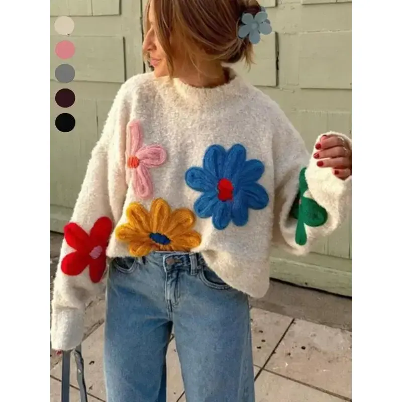 Plus Size Colorblock Floral Embroidered Drop Shoulder Sweater?Pullover, Casual Long Sleeve Mock Neck Jumper for Fall & Winter, Women's Plus Clothing for Daily WearGift