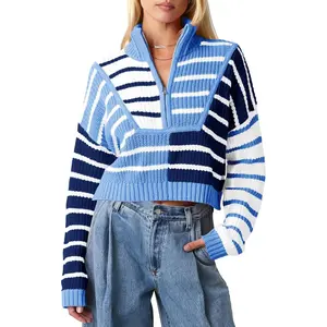 Imily Bela Womens Striped Cropped Sweater Color Block Zip Up Long Sleeve Mock Neck Loose Pullover Jumper