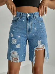 Y2K Sparkle Ripped Fitted Button Denim Shorts, Trendy Chic Distressed Jeans for Women, Casual Summer Everyday Fashion, Comfortable and Stylish Womenswear