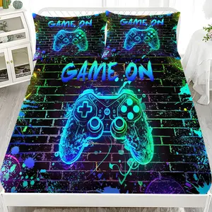 3-Piece Game Controller Print Bed Sheet Set, Soft Fashionable Bedroom or Guest Room Bedding, Includes 1 Fitted Sheet + 2 Pillowcases, Bed Sets Supplies