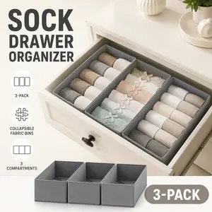 3 Pack Sock Drawer Organizer, Collapsible Fabric Storage Bins with 3 Compartments, lightweight foldable & space saving design, practical underwear divider, ideal for bedroom dresser, small closet storage, socks, underwear and daily accessory organization