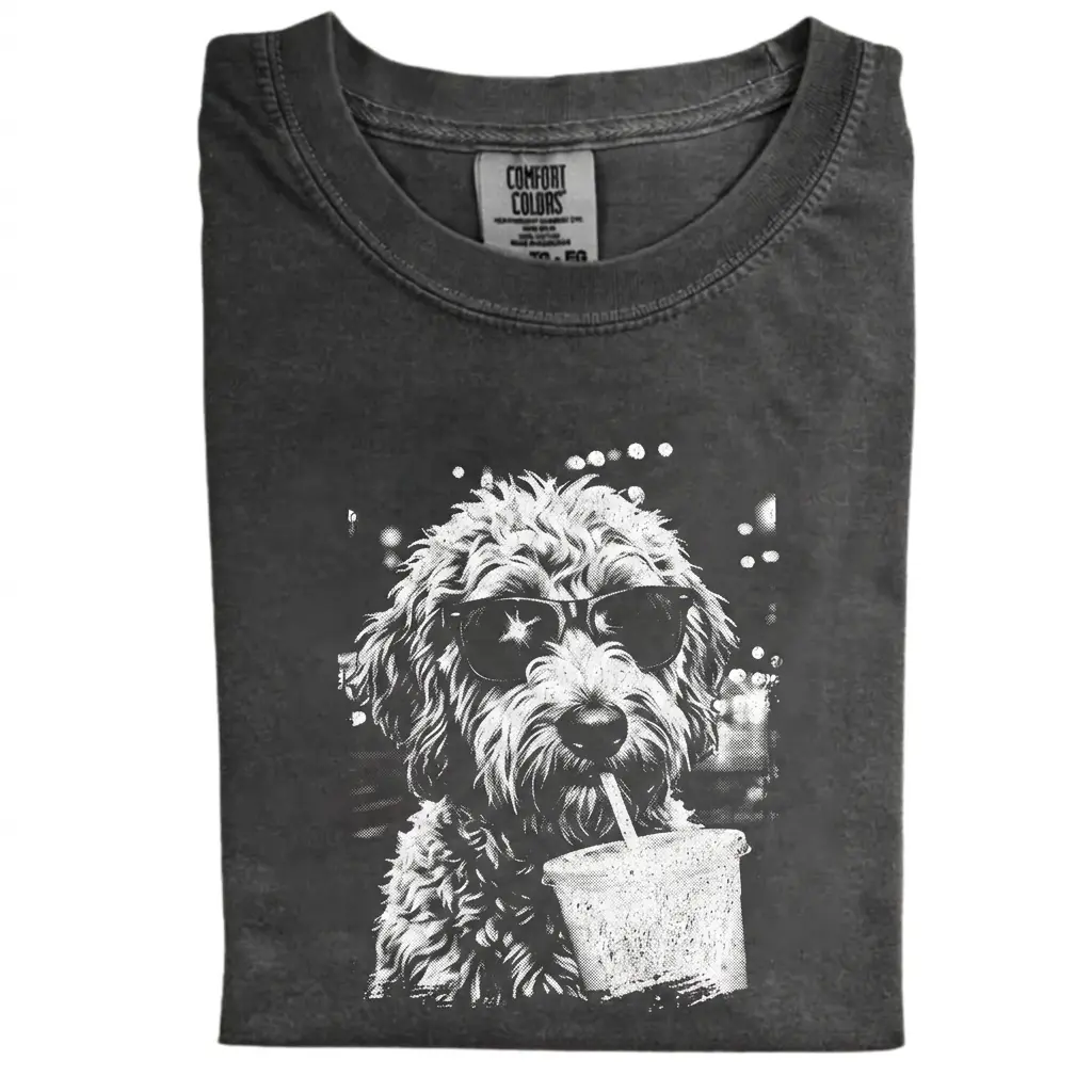Funny Coffee Lover Goldendoodle Comfort Colors T-Shirt, Vintage 90s Cool Dog Graphic Tee, Sunglasses Pet Lover Shirt, Unisex Fit Design, Gift for Dog Lovers