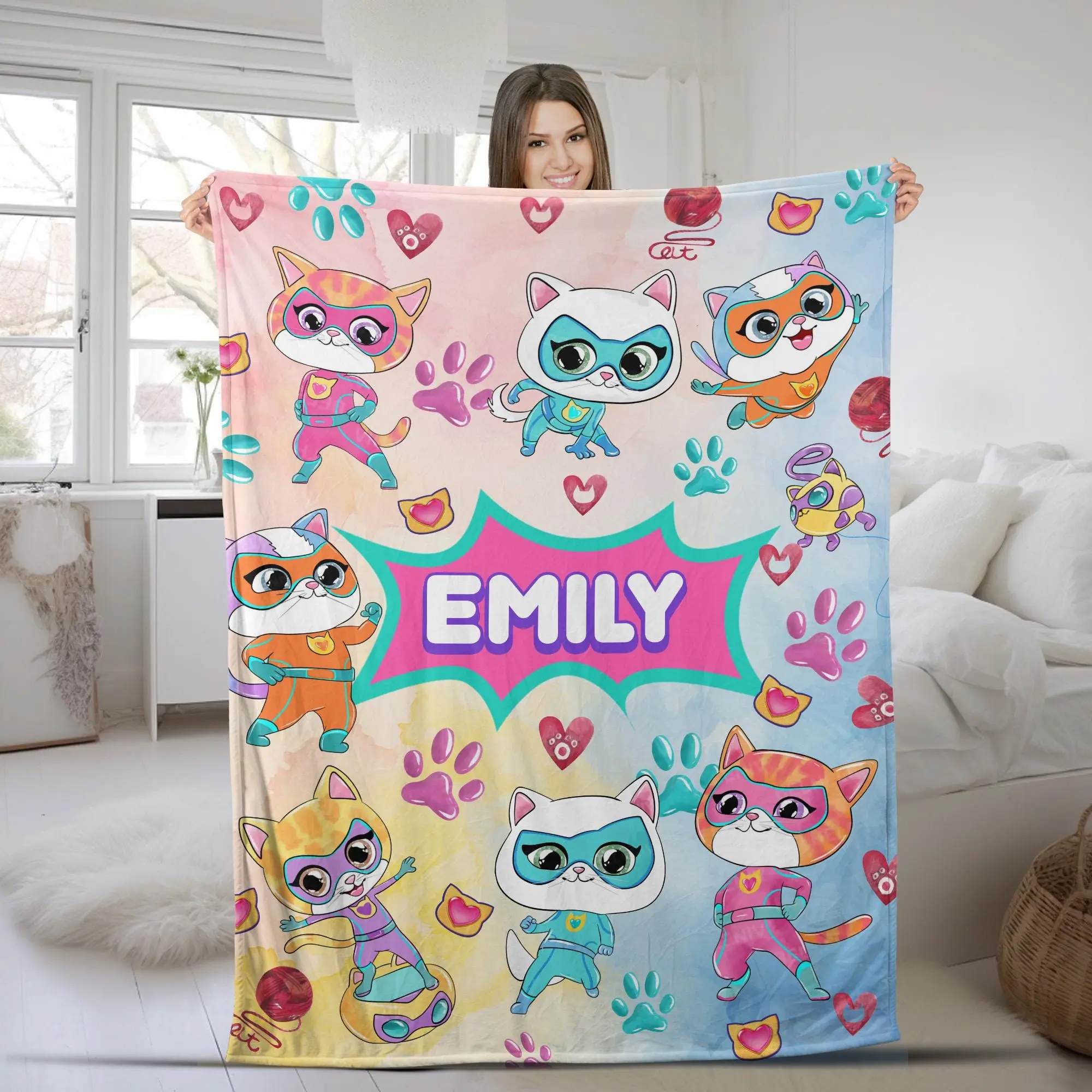 Personalized Super Kitties Blanket, Custom Kids Blanket with Buddy Bitsy Ginny Sparks, Cute Hero Cat Blanket, Super Kitties Gift for Kids