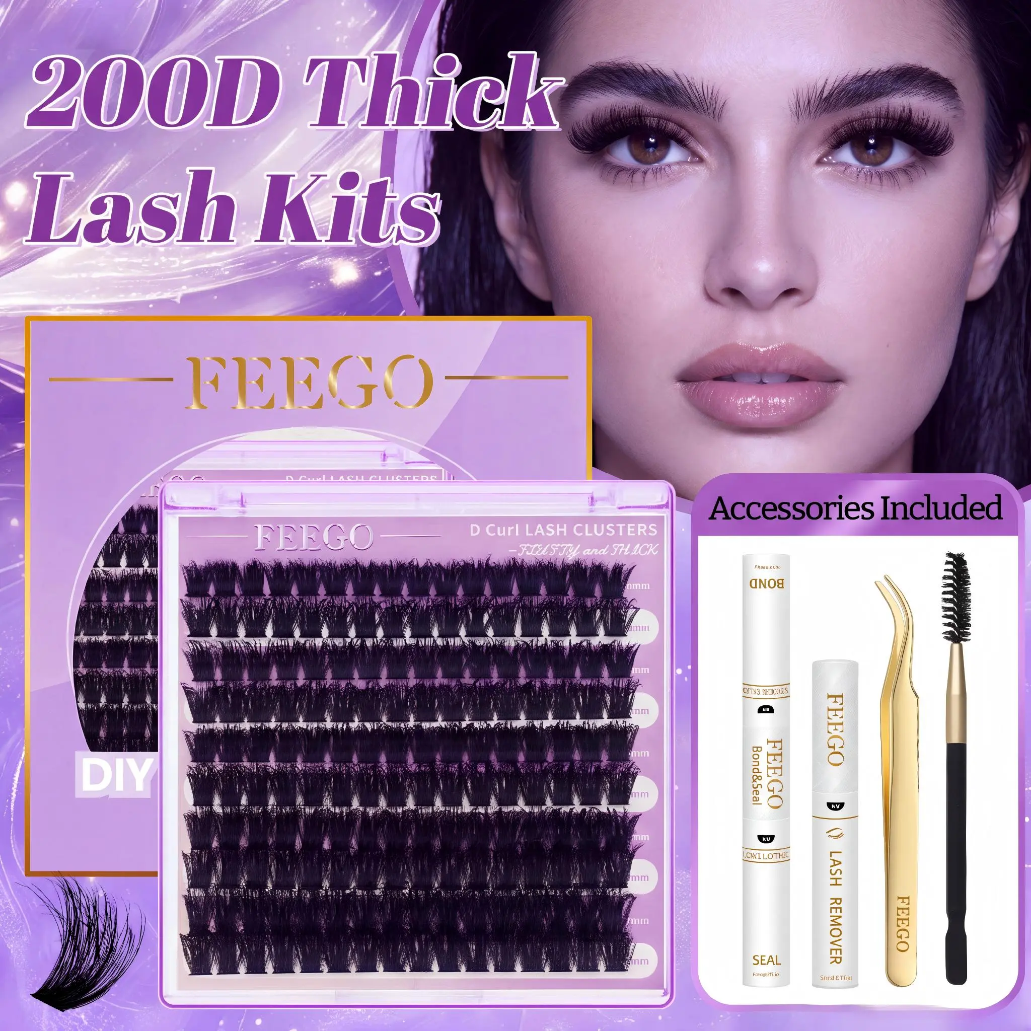 FEEGO 200D volume Lash Extension Kit Thick Eyelash Extension Kit 10-20mm Lash Clusters Individual Eyelashes Kit With Lash Bond and Seal D Curl Cluster Eyelash