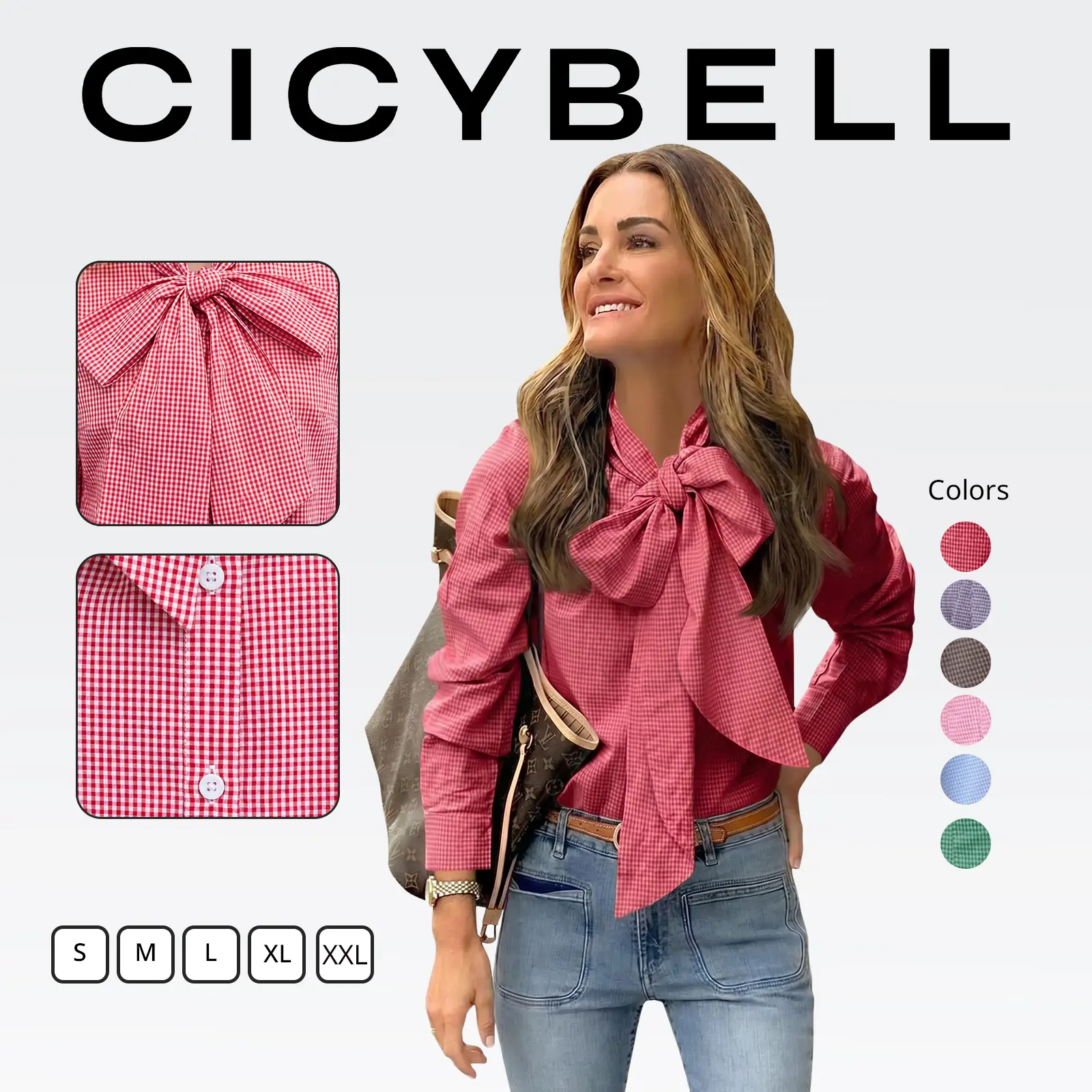Cicy Bell  Women's Plaid Shirt with Bow Tied Neck Button Down Long Sleeve Fitted Casual Dressy Blouse Tops in Brown for Any Occasions Elegant Womenswear Valentine's Day
