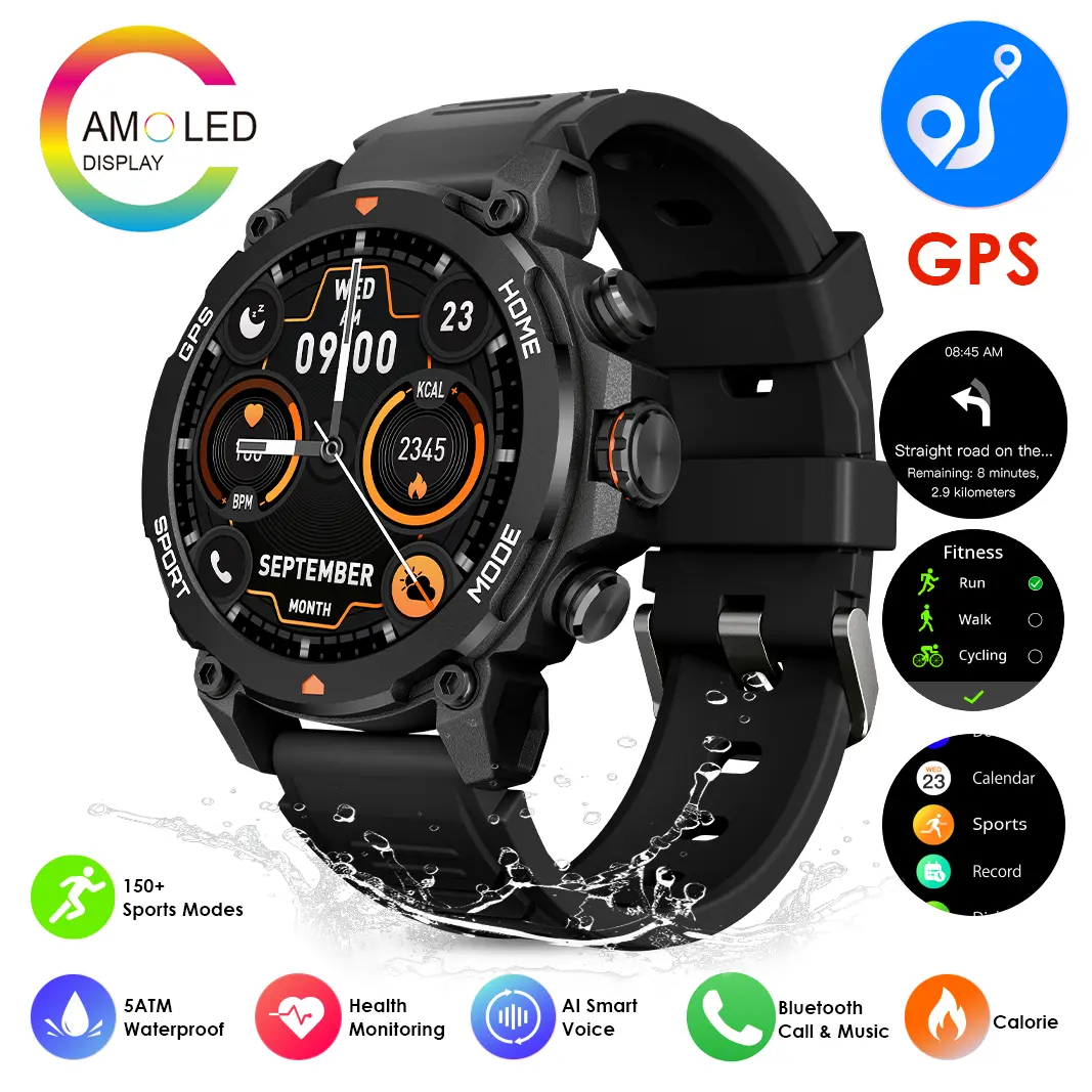 AURAFIT G6 Smart Wearable Wristwatch with AMOLED Screen, ChatGPT AI Assistant, 5ATM Waterproof, Bluetooth Calls, 150+ Sports Modes, Heart Rate/SpO2 Monitoring, Sleep Tracking, GPS, Unisex Design (Perfect Gift for Electronics Devices Enthusiasts)