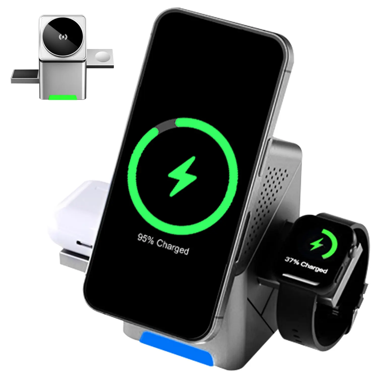 3-In-1 Foldable Wireless Charger for Smartphones, Smartwatches & Earbuds, Compact Portable Design, Convenient Charging Solution