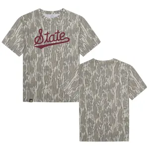 Red State Designed On Original Bottomland Pattern Tshirt, Mossy Oak State Logo Bottomland Camouflage Camo Tee