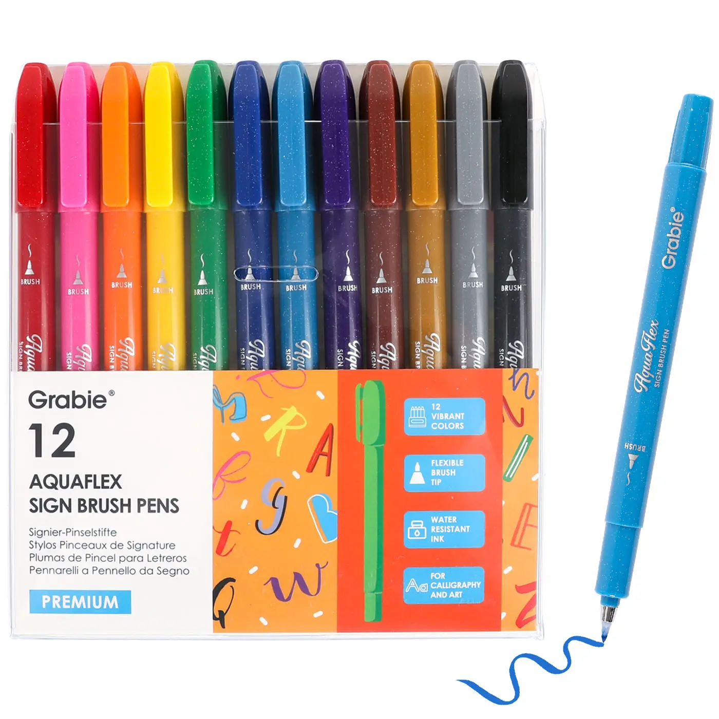 Grabie AquaFlex Sign Brush Pen Set - 12 Multicolor Archival Quality Pens for Calligraphy, Illustration, Lettering, School Stationery, Arts and Crafts Supplies, Art Materials, Back to School Reward Gift, Vibrant