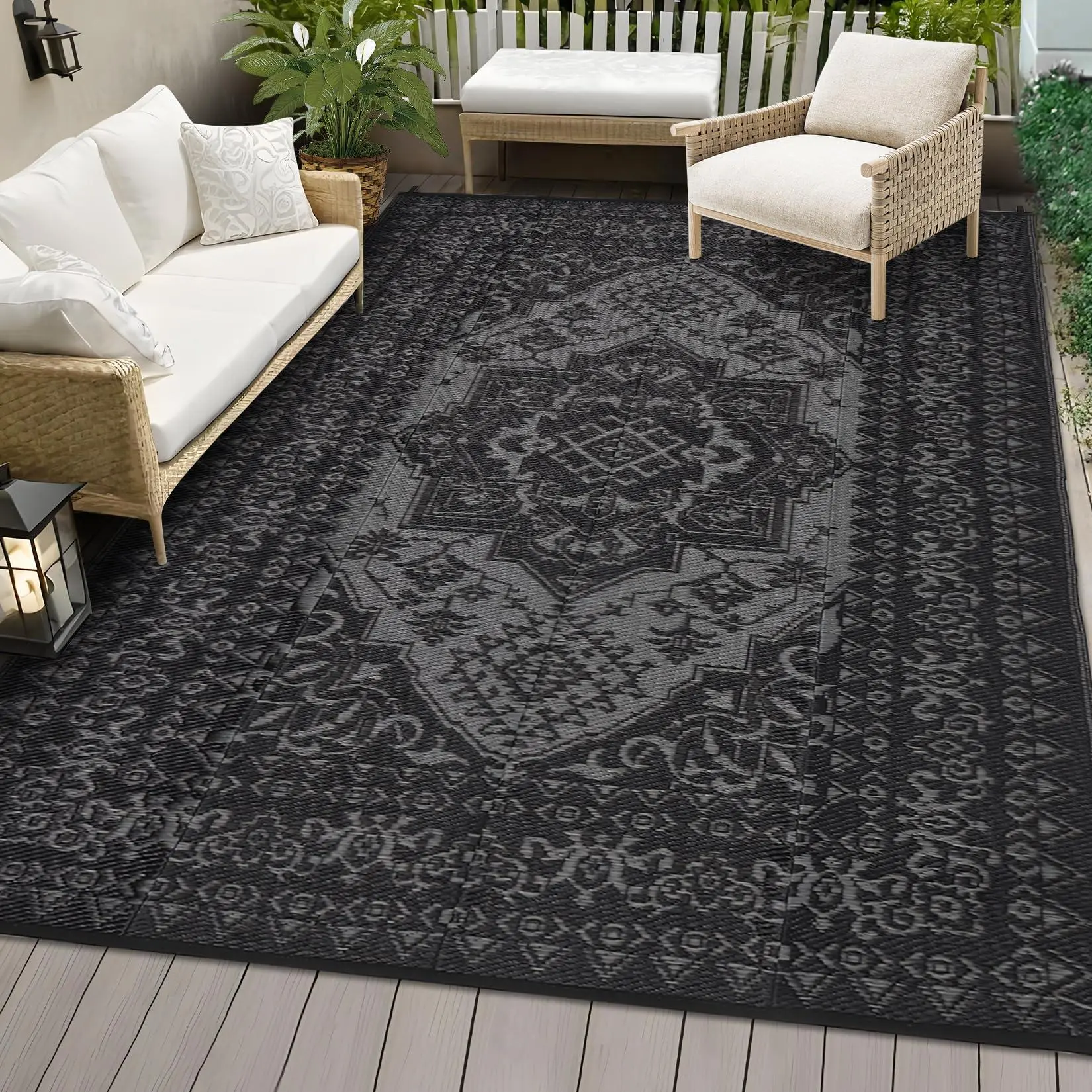 Outdoor Patio Rugs 9x12 Waterproof Reversible Plastic Straw Mat, Large Vintage Medallion Boho Area Rug Indoor Outdoor Rugs for Deck, Balcony, Pool, Camping, Beach, Picnic, Porch, RV,Black&Grey