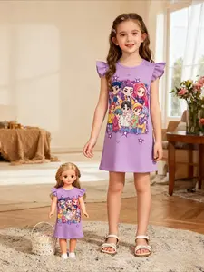 K-Pop Huntrix Character Rumi Mira Zoey Print Flutter Sleeve Girls Dress Set, Cute Cartoon Pattern, Best Carnival  Book Festival Gift