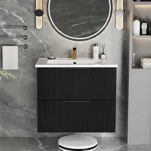 24 Inch Bathroom Vanity Cabinet With Ceramic Sink - Black Wall Mounted Floating Fluted Vanity With Drawers, Modern