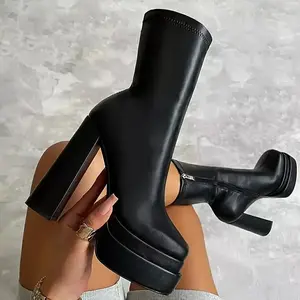 Ultra High Heel Boots Waterproof Platform Slip-On Women's Mid-Calf Zipper Backless Boots