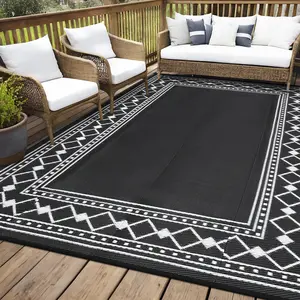 Outdoor Patio Rug, Waterproof Outside Area Rugs Diamond Border Reversible Plastic Straw Carpet for RV Deck Camping Entryance Porch Picnic Balcony Beach