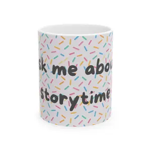 Librarian on Duty | Ask Me About Storytime Mug | Sprinkles Pattern Ceramic Coffee Cup