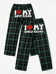 Viral I Love My Boyfriend/Girlfriend Plaid Matching Pajama Pants Set - Soft Breathable Elastic High Waist Trousers, TikTok Trending Couple Sleep Pants, Casual Streetwear Plaid Bottoms, Cozy Homewear, Loungewear, Red Plaid Variants