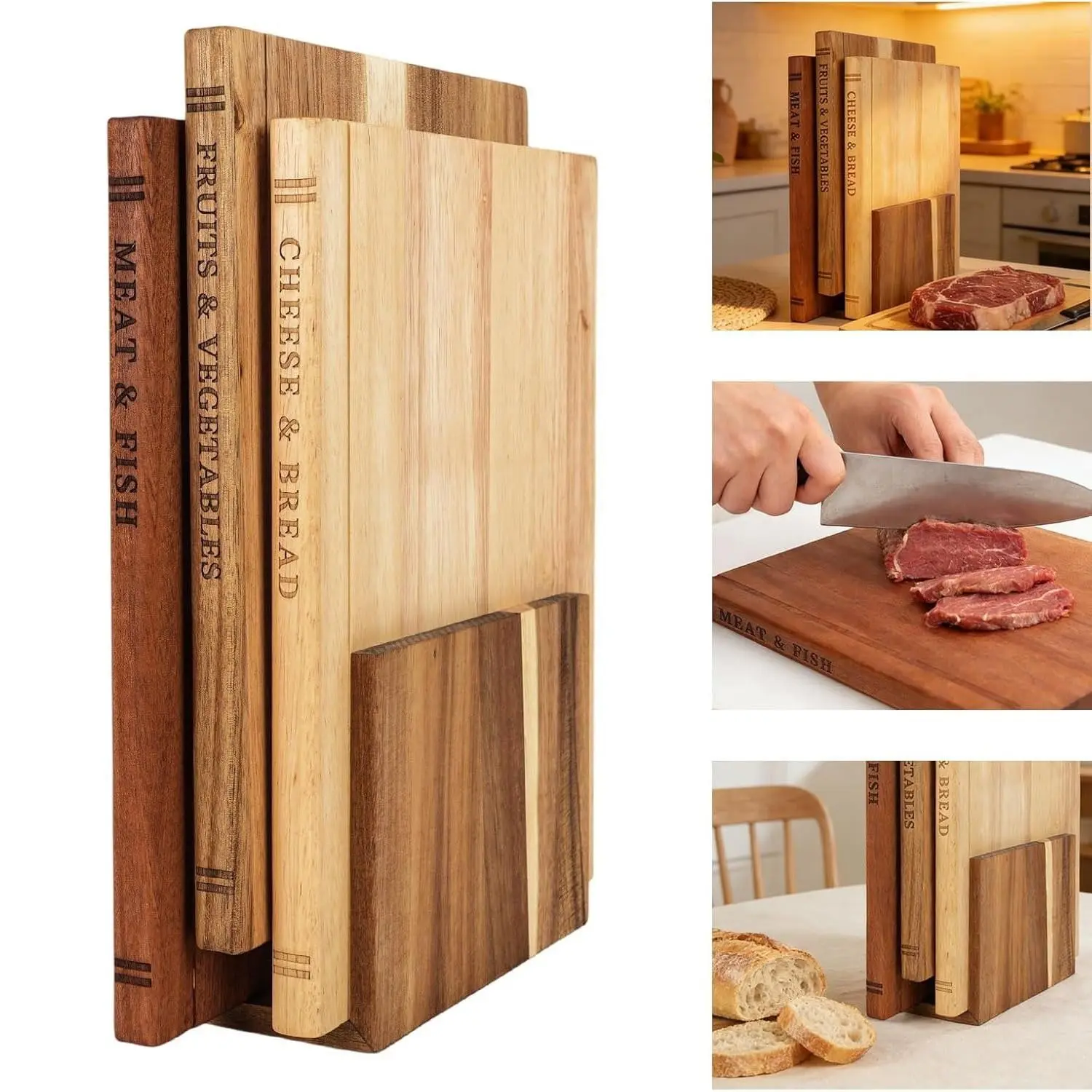 Book-Shaped Wooden Cutting Board Set, Teak Material, Four-Piece Kitchen Gift, Labels for Meat, Cheese, Fruits, Vegetables, Perfect for Book Lovers