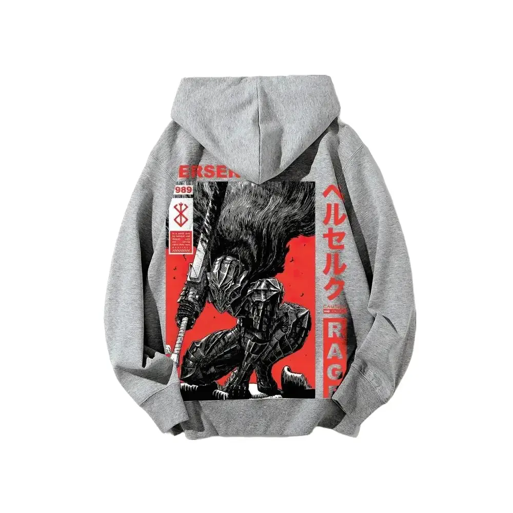 Sweatshirt with Oversized Berserk Anime Graphic Print, Unisex Vintage Streetwear Top, Breathable Cotton Blend, Tops, Sweatshirts, Longsleeves, Piece, Hooded Neck, Preppy, Vintage Fade, Cartoon Print
