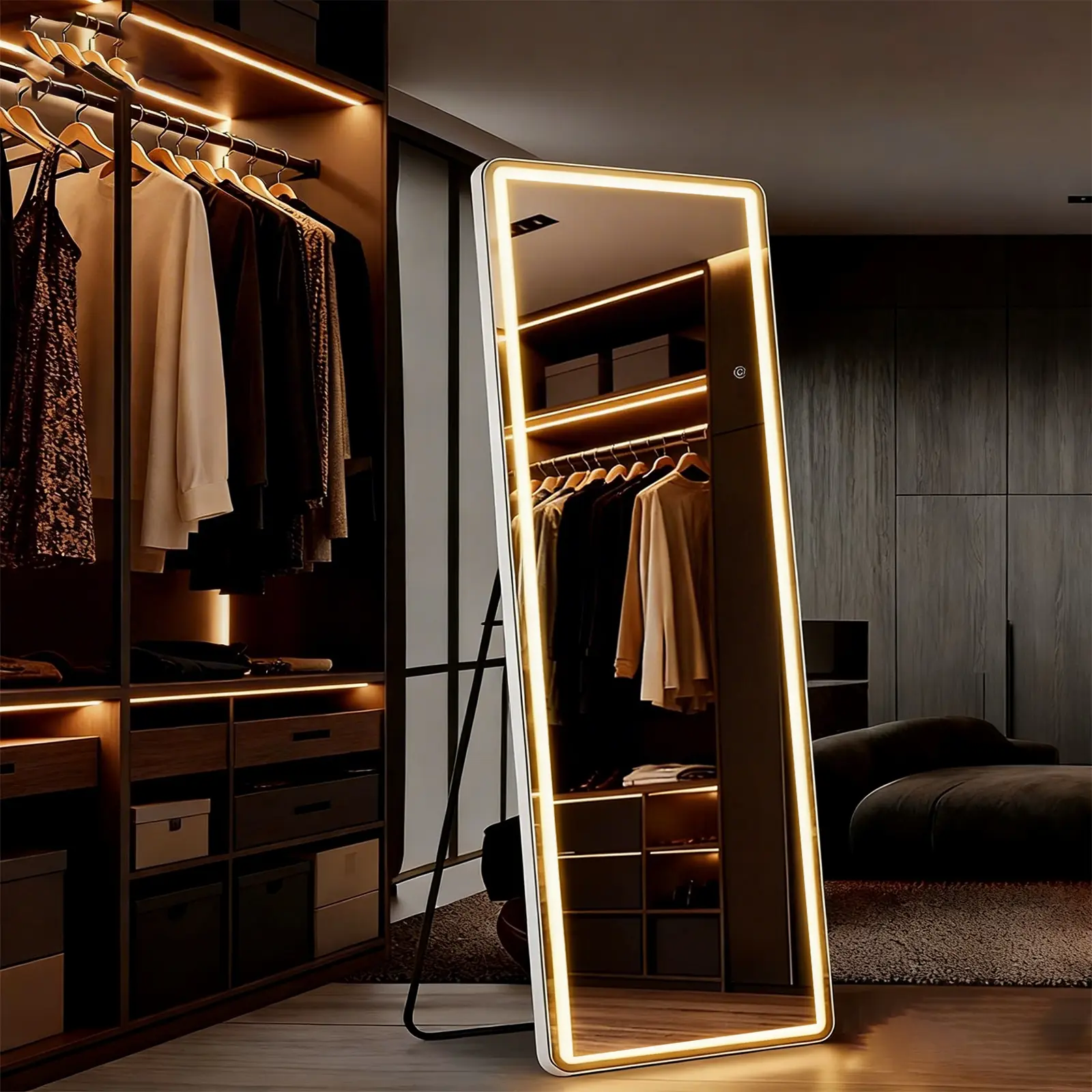 68" x 25" Slim Frame LED Full Length Mirror, 5mm Tempered Glass Standing Mirror with 3 Color Adjustable Lighting, Touch Sensor Lighted Dressing Mirror for Bedroom Closet Makeup Area Modern Luxury Home Decor