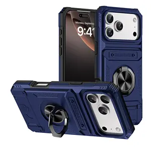 New Super Shockproof Waterproof iPhone 17 Pro Max 16 15 14 13Plus Air Case with Rotating Stand Card Slot Anti Slip Bumper Luxury Black 360° Rotating Stand Hidden Card Holder Phone Case