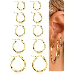 BESTEEL 5-10 Pairs Silver Gold Hoop Earrings Set for Women Men Hypoallergenic Surgiacl Stainless Steel Small Huggie Earring Stacks Pack Jewelry for Multiple Piercing Waterproof