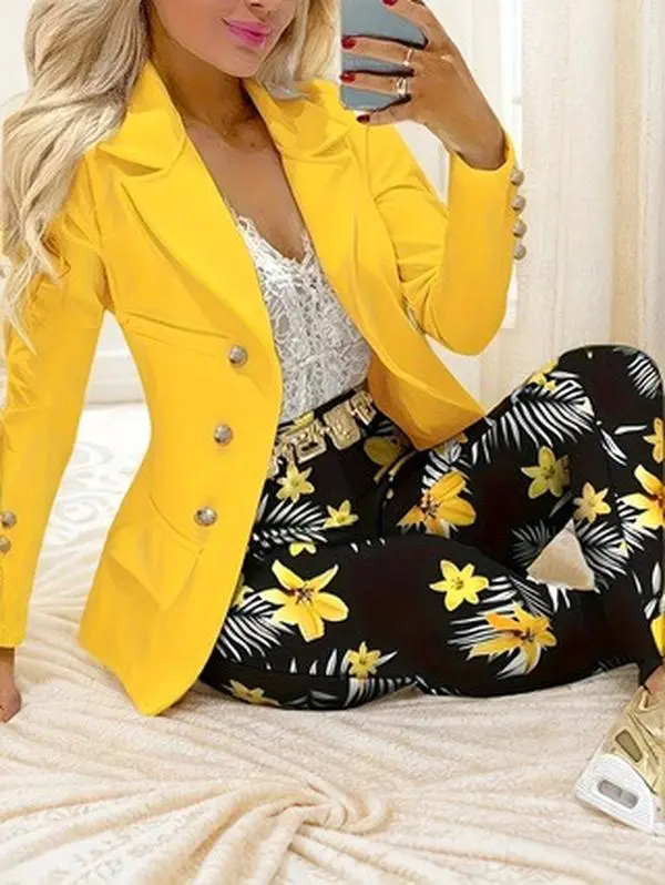 Women's 2-Piece Fashion Print Blazer & Trouser Set - Button Style, Stretchy Polyester-Spandex Blend, Lady-Fit, Machine Washable, Ideal for Spring-Fall, Elegance, Long Sleeve, Chic, Fashion Suit, Floral Suit, Flattering Suit