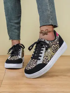 Women's Fashionable Glitter Star Decor Lace Up Low Top Leopard Print Sneakers, Casual Comfortable Breathable, Female All-match Round Toe Shoes for Daily Wear