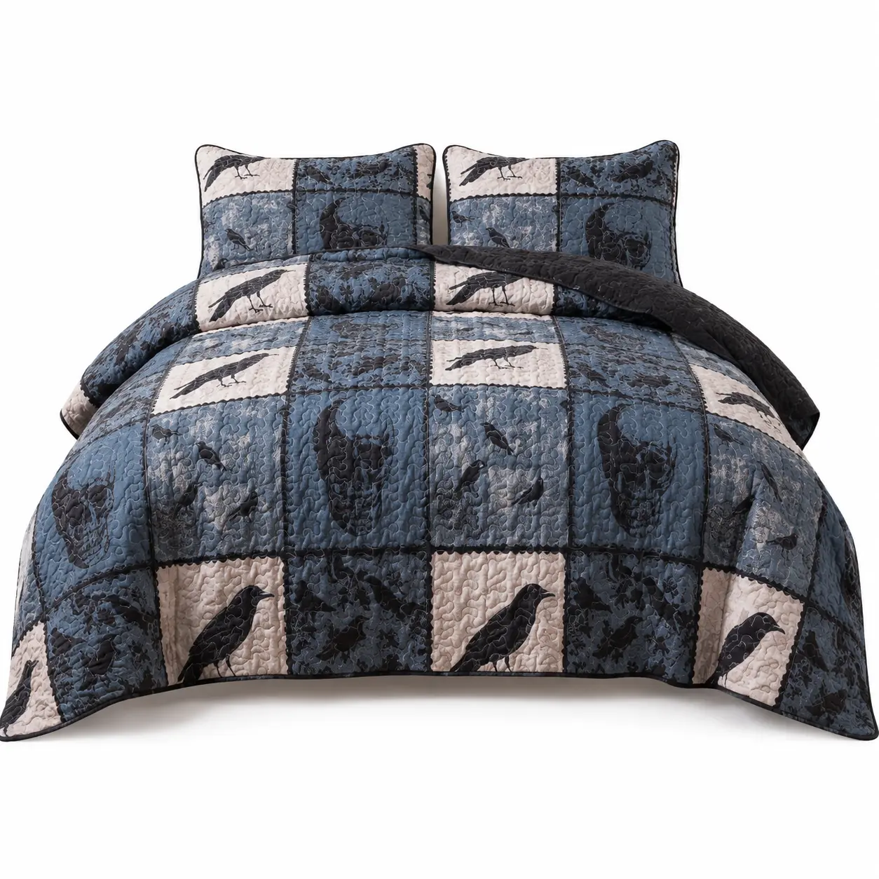 Halloween Quilt Set Spooky Patchwork Design 3-Piece 88"x92" Polyester with 2 Matching Shams for Festive Decor