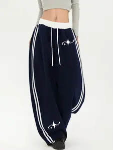 Women's/Girls' navy blue loose wide-leg sweatpants with star print pattern, Y2K street style, suitable for campus commuting and everyday jogging, trendy aesthetic, perfect for TikTok outfits and casual gatherings.