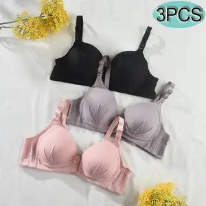 3pcs Front Closure Non-Wired Comfortable Breathable Push-Up Bra Solid Lingerie wireless bra Seamless Wireless bras underwear set seamless bra eye front Women's Scallop
