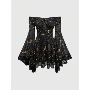 Goth Gothic Retro Mysterious Star & Moon Allover Print Off Shoulder Bell Sleeve Mesh A-Line Dress