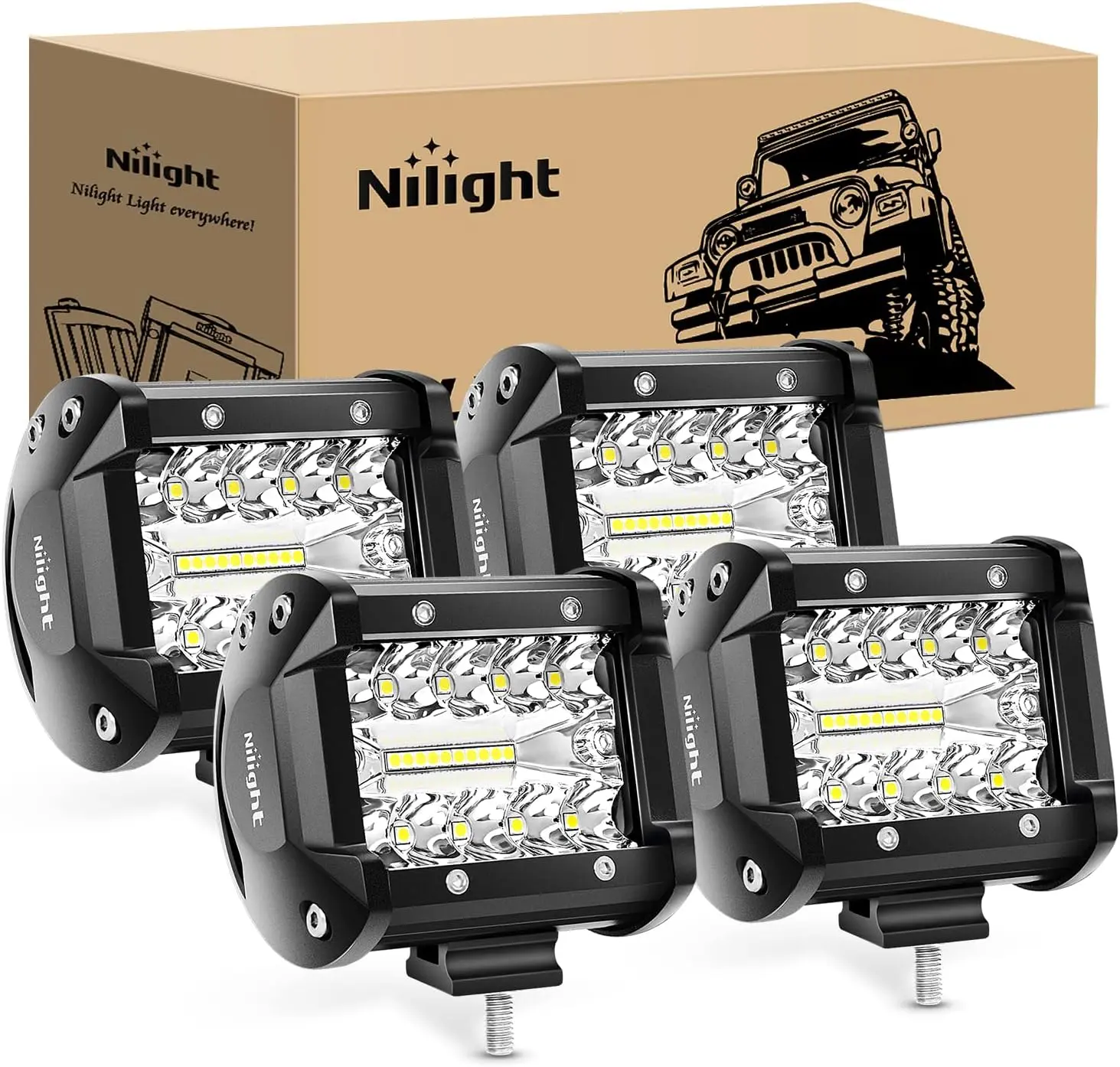 Nilight 4Pcs 4In LED Pods - 60W Triple Row Flood/Spot Combo Beam, 6000lm Advanced Chip Tech, Dustproof Aluminum Housing, Sliding Mount Off-Road Fog Light Lighting Assemblies & Components for Cars