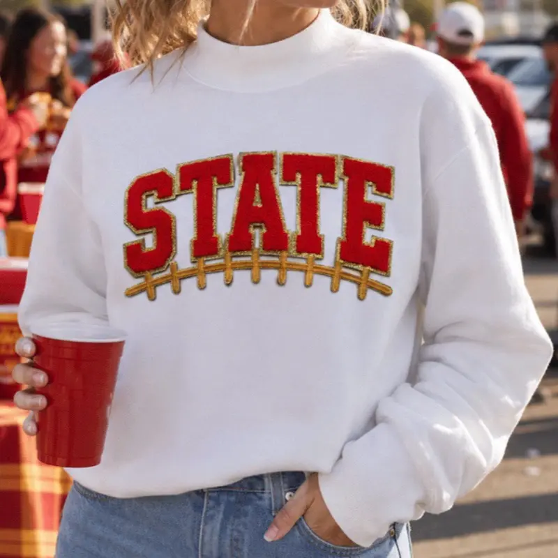 Red and Gold Chenille State Iowa State Patch Football Sweatshirt