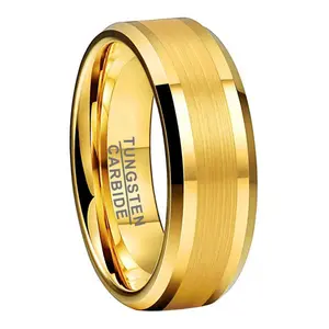 8MM Golden Engagement Wedding Band Beveled Edges Gold Plated Tungsten Carbide Ring for Men Women