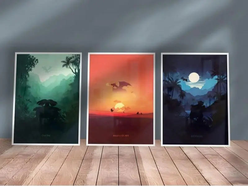 Pokemon Scenery Poster Set of 3 Prints - Charizard, Blastoise, Venusaur - Unframed