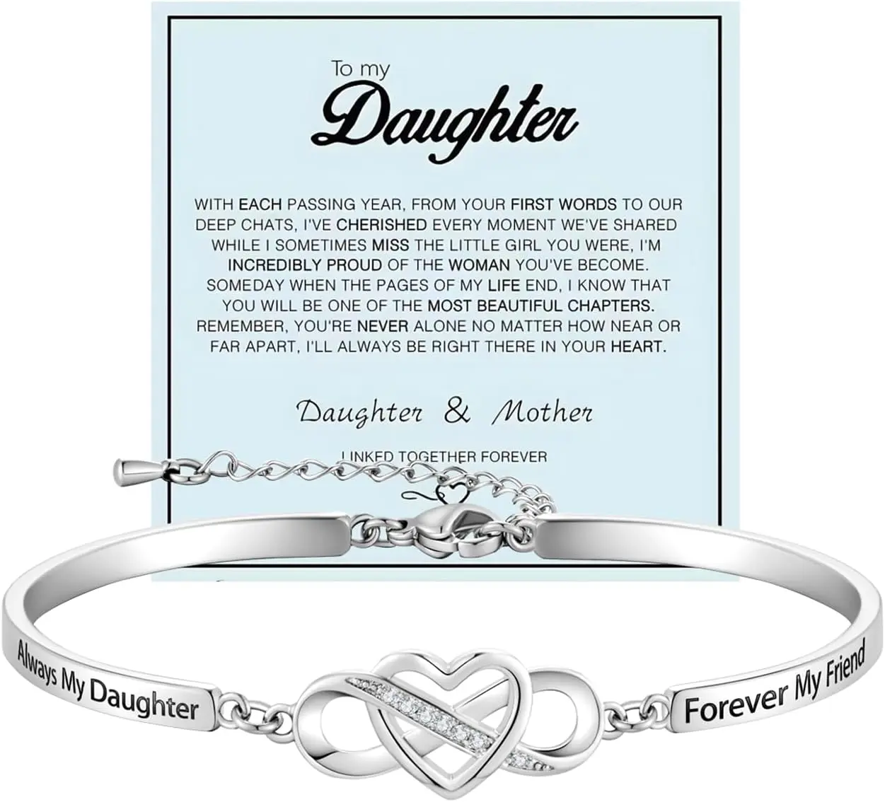 Mom-to-Daughter Infinity Love Heart Stainless Steel Engraved Bangle Bracelet - Adjustable Inspirational Jewelry with Cubic Zirconia, Birthday Casual Christmas Commemorative Accessory