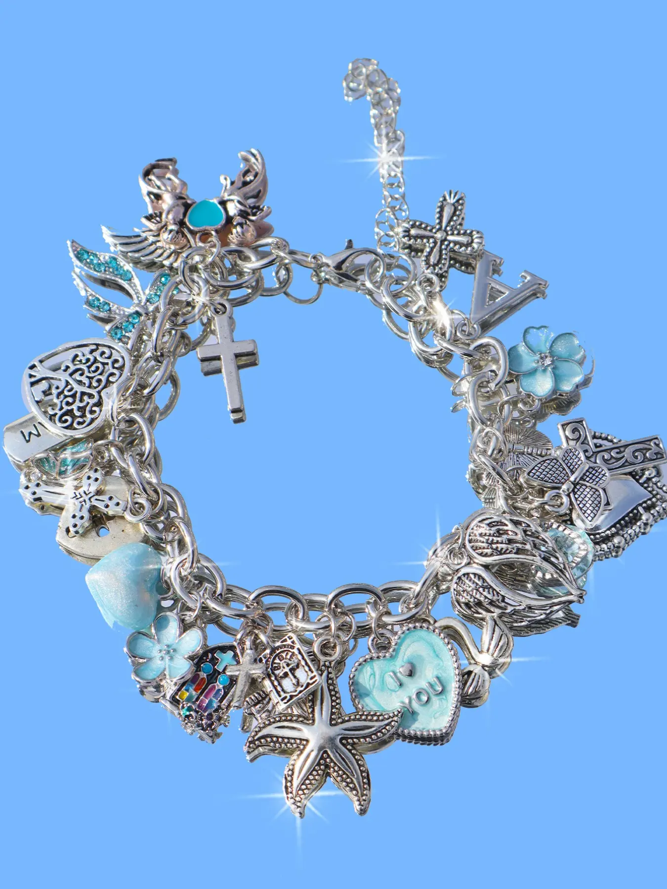 Vintage Floral Heart Ocean Charm Bracelet, DIY Cross Heart Bracelet, Starfish Flower Bracelet, Retro Heart Bracelet for Women, DIY Bracelets, Exquisite Bracelet, Alloy Chain Bracelet, Fashion Bracelet