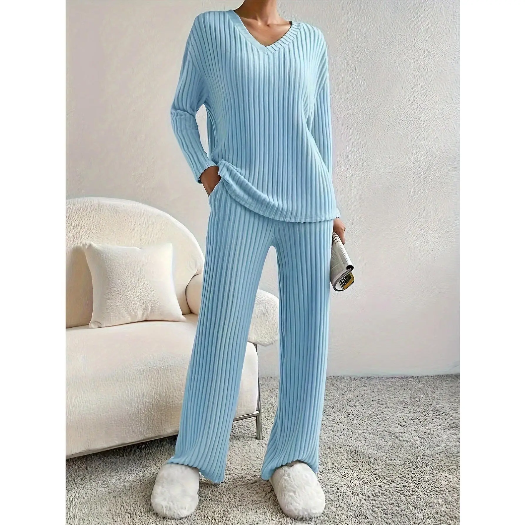 Women's 2-Pack Lady Basic Ribbed Knit Polyester Plain Autumn/Winter Pajama Sets, Long-Sleeve V-Neck Sleepwear, Hand-Wash-Only Below-Ankle Pants, Slight-Stretch Fit Outwear-Ready Loungewear for Home