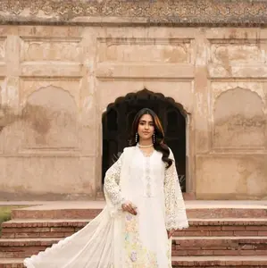 Karma chiffon 3pc stitched suit with embroidered work long style shirt with chiffon dupatta and trouser